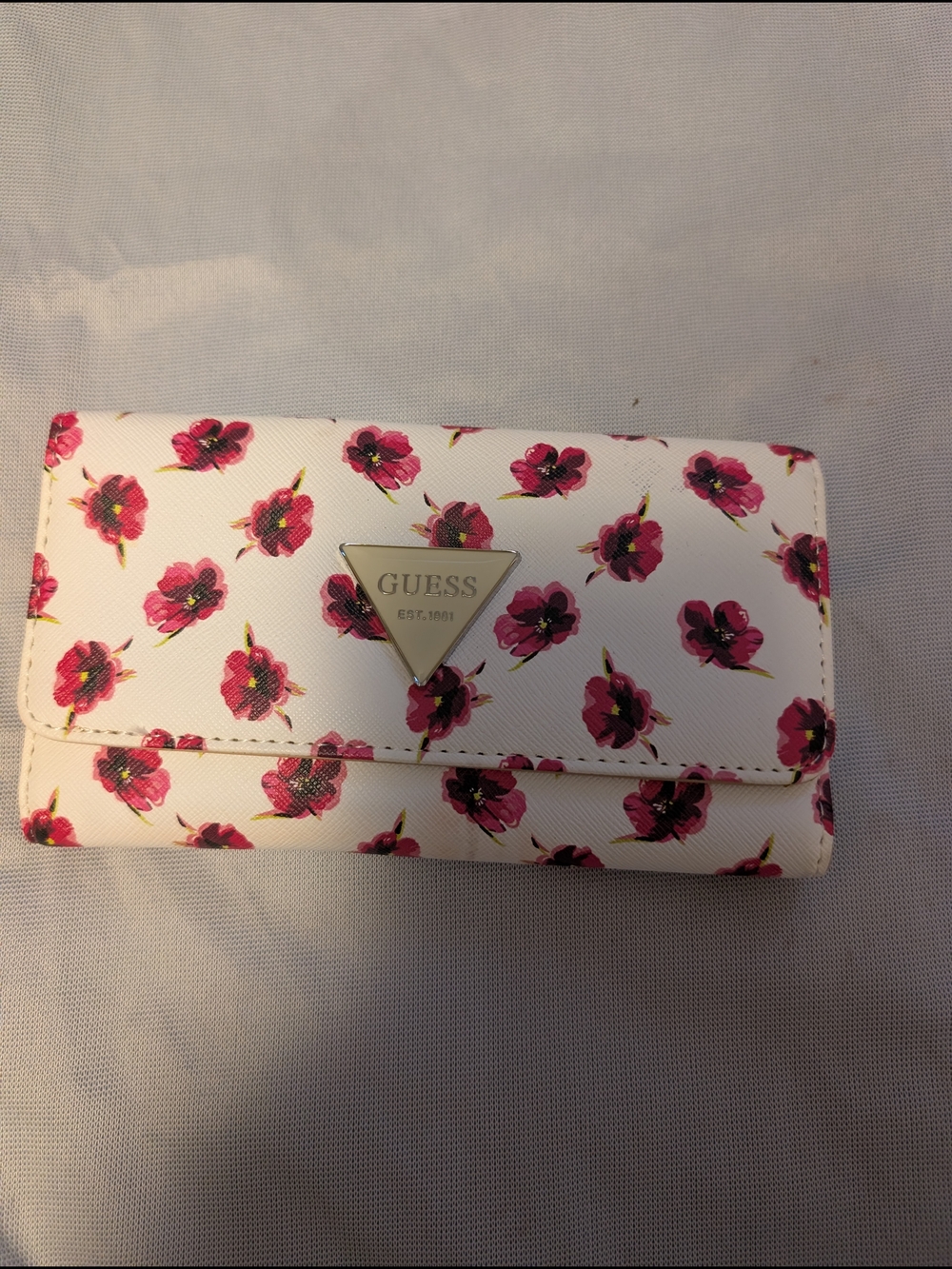 GUESS White Wallet with Pink Floral Print and Gold Logo